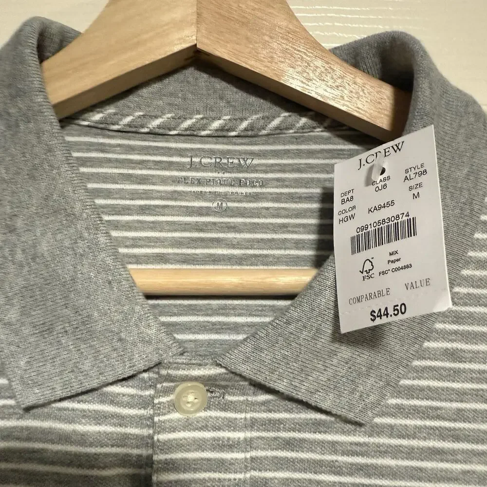 NWT J Crew Flex Pique Polo Shirt SIZE MEDIUM Mens S/S Gray Stripe Classic Cotton